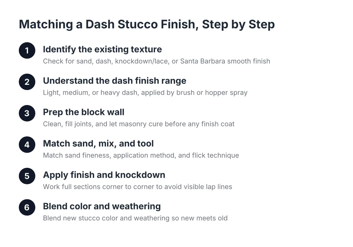 Numbered steps showing how to match a dash stucco finish on a block wall