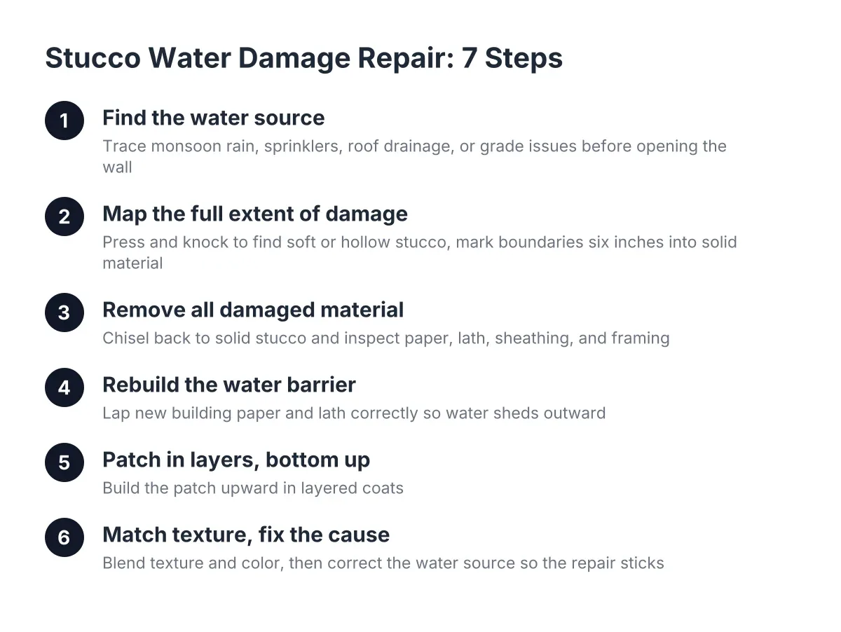 Diagram of stucco water damage repair steps highlighting common DIY stucco repair mistakes