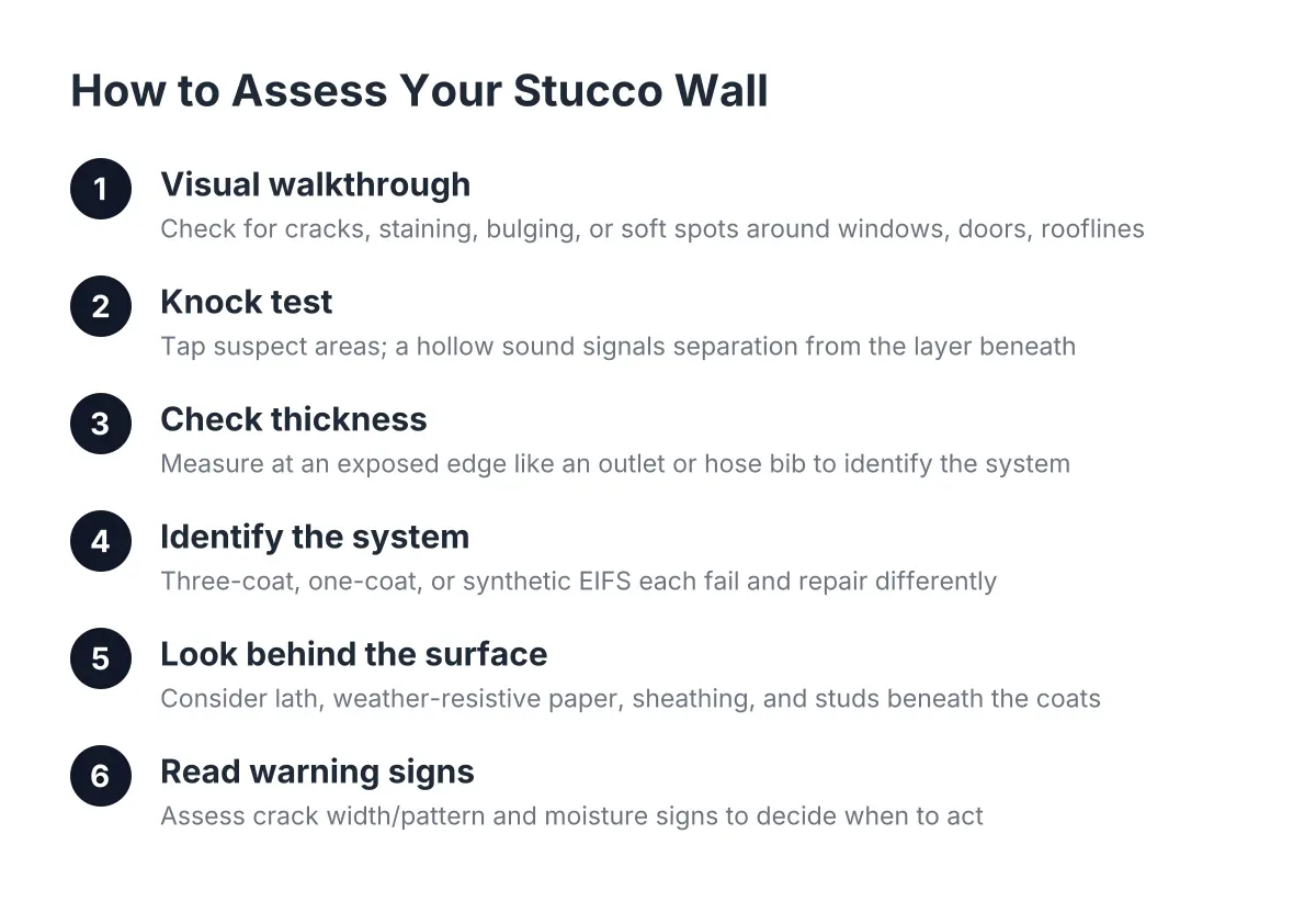 Diagram showing steps for conducting a homeowner stucco wall inspection