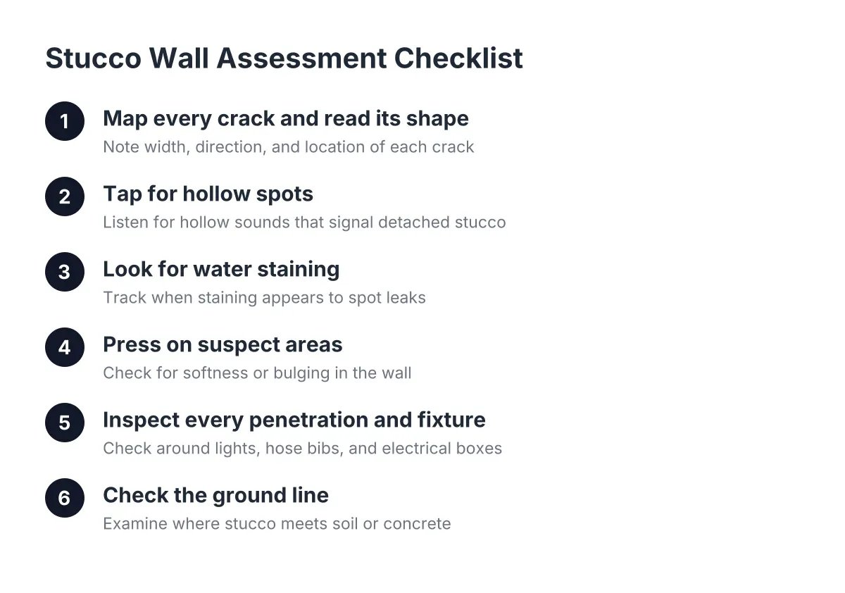 Six-step stucco wall assessment checklist diagram showing inspection order