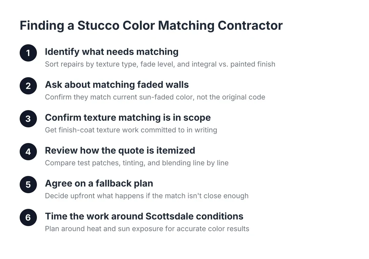 Process diagram of six steps to find a stucco color matching contractor in Scottsdale