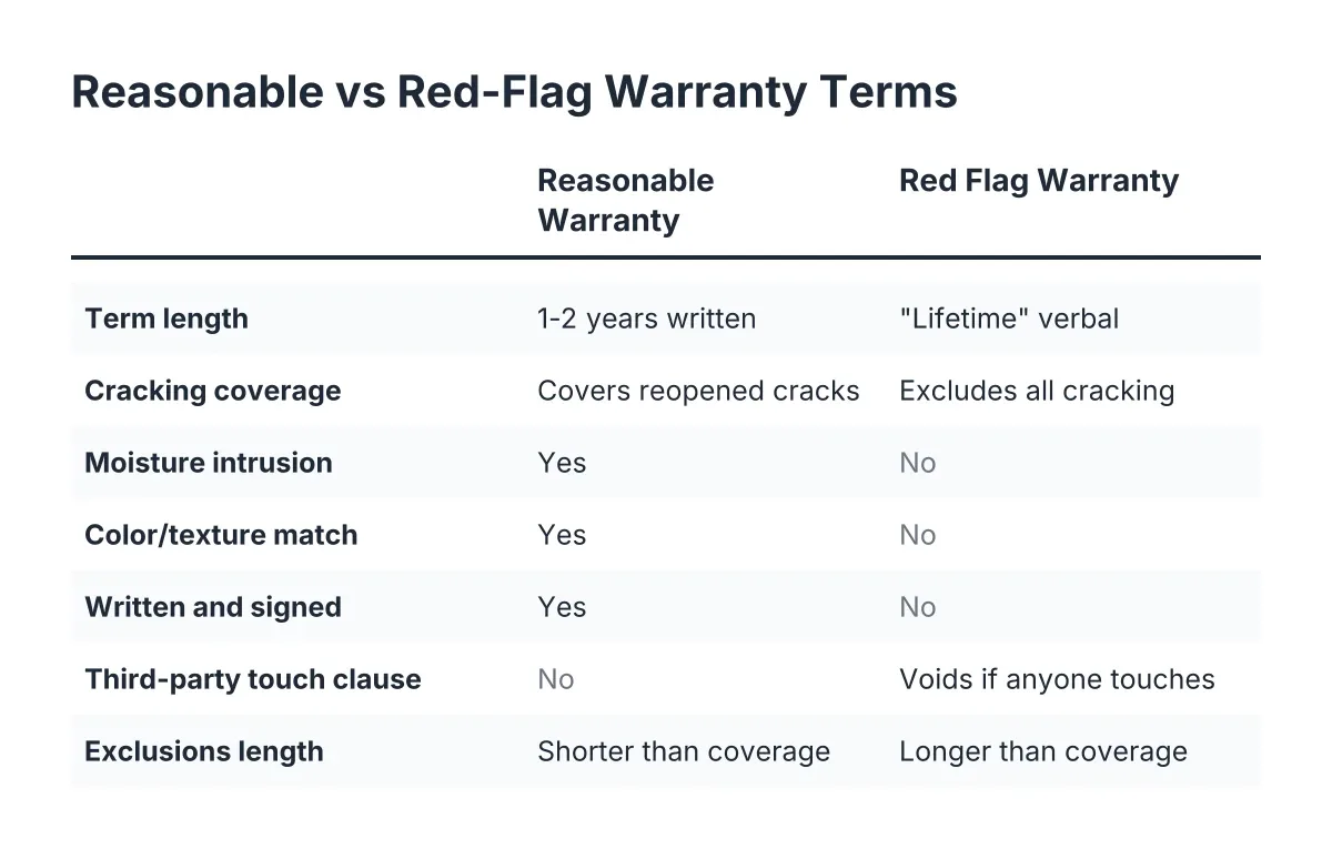 Comparison checklist of reasonable versus red flag stucco workmanship warranty terms