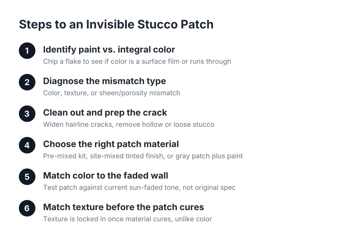 Numbered steps showing how to repair a colored stucco patch without mismatches